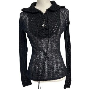 Miss Sixty Black Crochet Knit Top Large Tie Up Front Witchy Goth Made Italy EUC